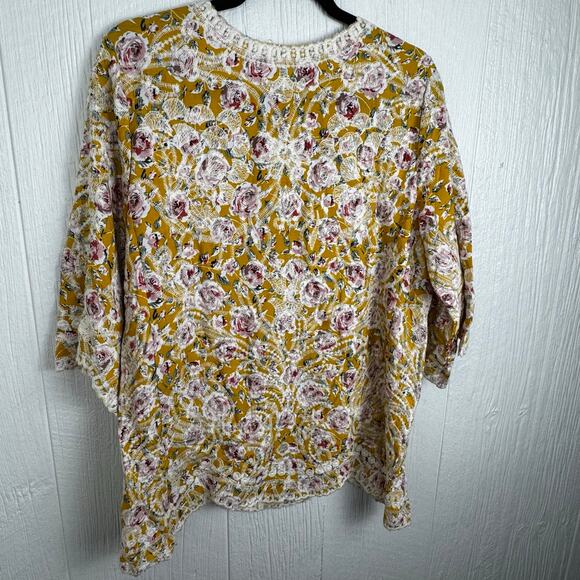 Solitaire Boho Floral Embroidered Tunic Blouse Crew Neck 3/4 Bell Sleeve Size M - Picture 3 of 8